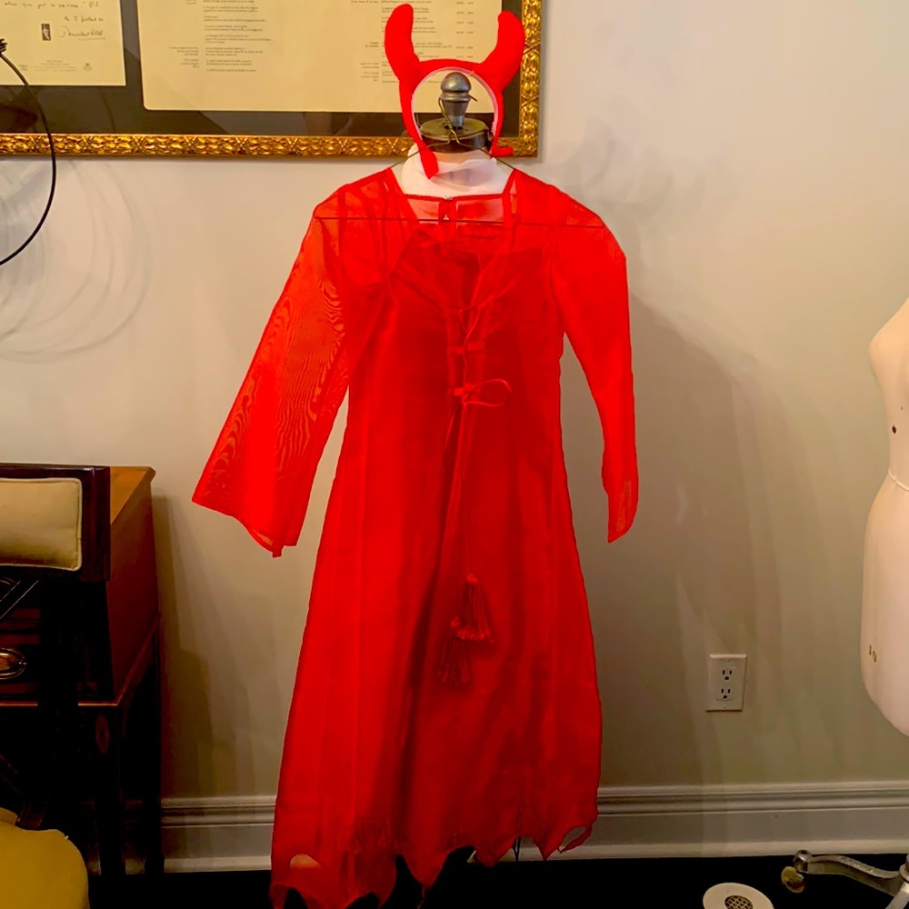 Costume girls georgette and satin red devil costume with horned headband